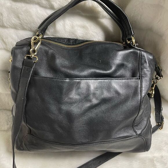 Vince Camuto black soft leather &calf hair Satchel/crossbody bag gold tone studs - Picture 5 of 16